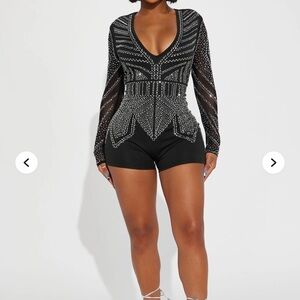 Fashion Nova Black and Silver Embellished Bodysuit